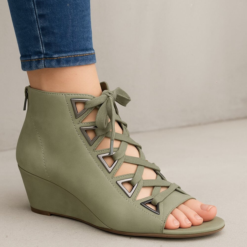 JEAN MICHEL CAZABAT Hidden Wedge Lace Up Sandal Olive Leather size 38.5/8
